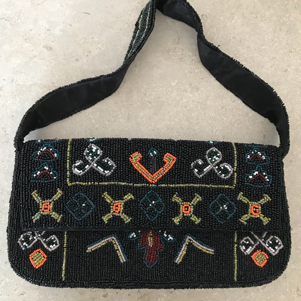 PRICE IS FIRM Black & Multi Color Hand Beaded Small Purse Unique
